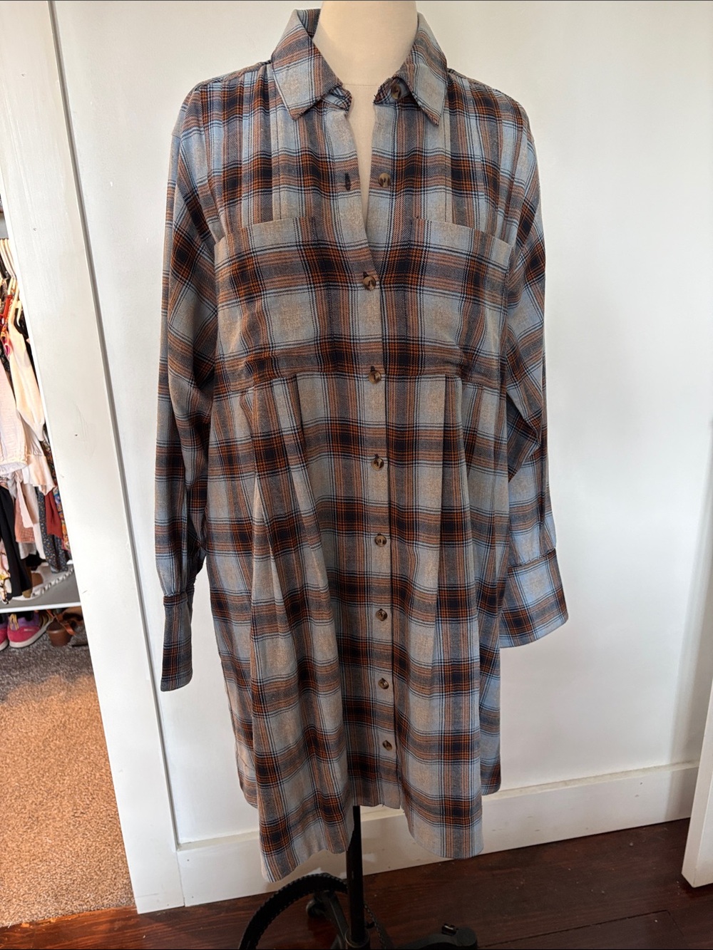 Uncle Frank Light Blue and Brown Plaid Midi Shirt Dress